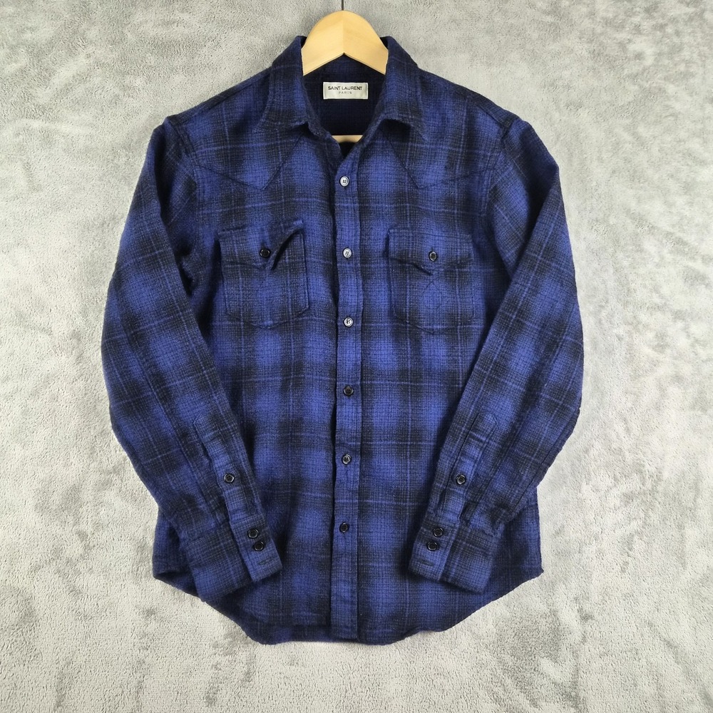 Saint Laurent Paris Shirt Large Navy Blue Plaid 100% Wool Japan Designer Luxury - Picture 5 of 11
